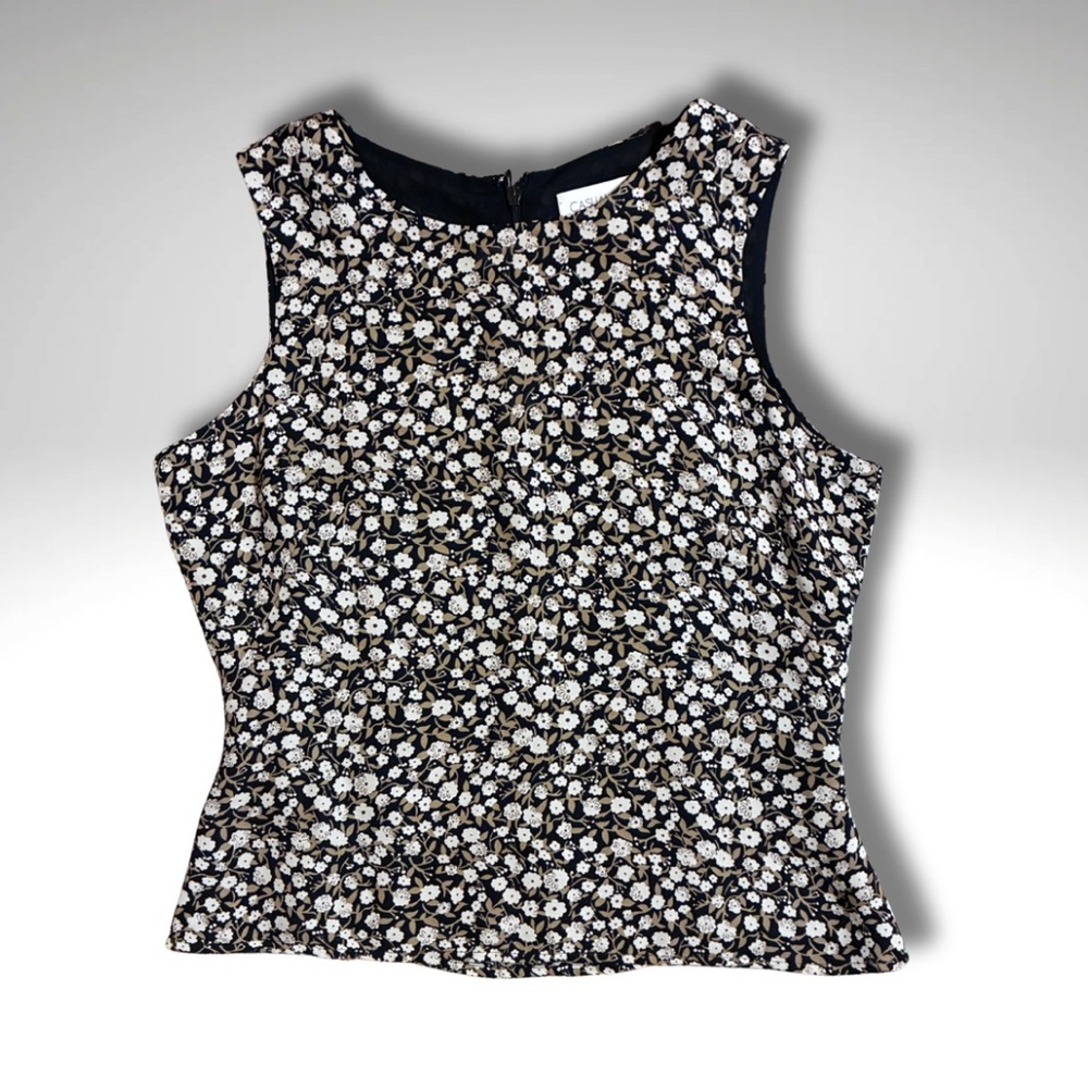 VTG Casual Corner Silk Black, White, and Tan Floral Sleeveless Top size 2